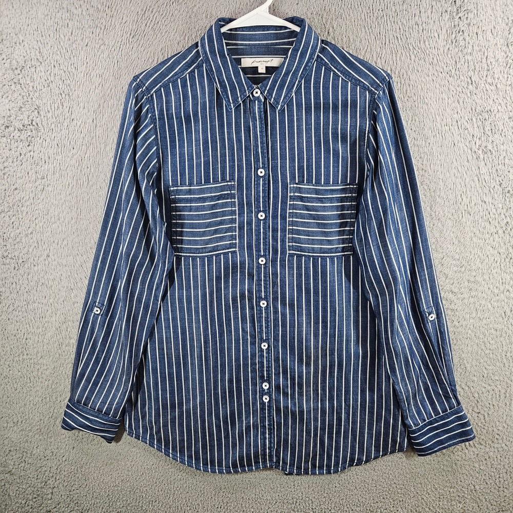 Foxcroft NYC Women 10 Blue White Striped Tencel Lyocell Roll Tab Button Up Shirt